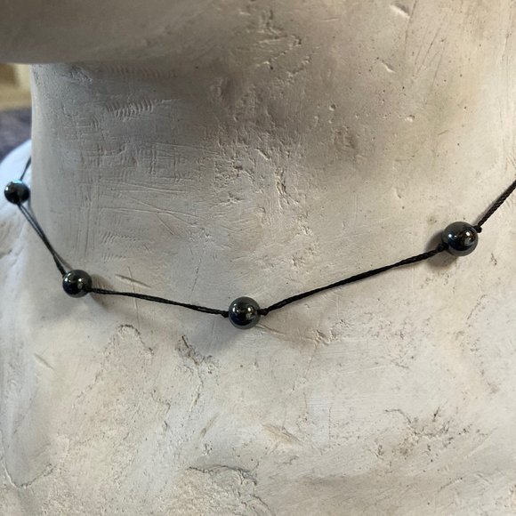Black Hematite Stone and Black Rope Choker Necklace - Picture 2 of 6